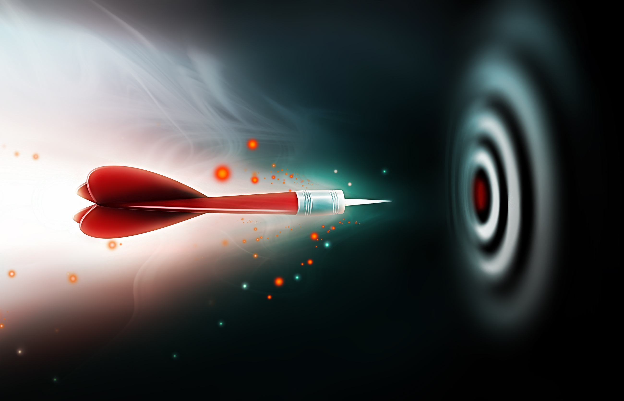Red dart flying from the left aimed at the centre of a bullseye target