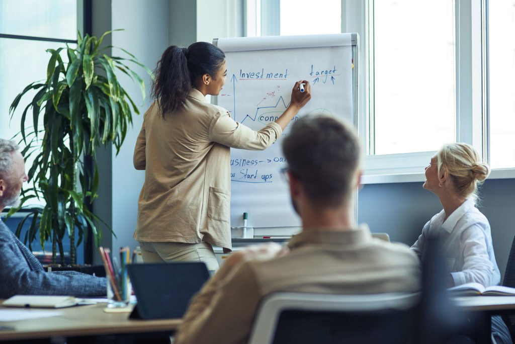 Woman writing martech strategy on white board